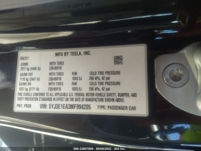 Photo 8 VIN: 5YJ3E1EA3MF994205 - TESLA MODEL 3 