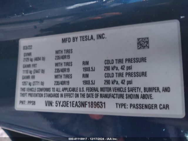 Photo 8 VIN: 5YJ3E1EA3NF189631 - TESLA MODEL 3 