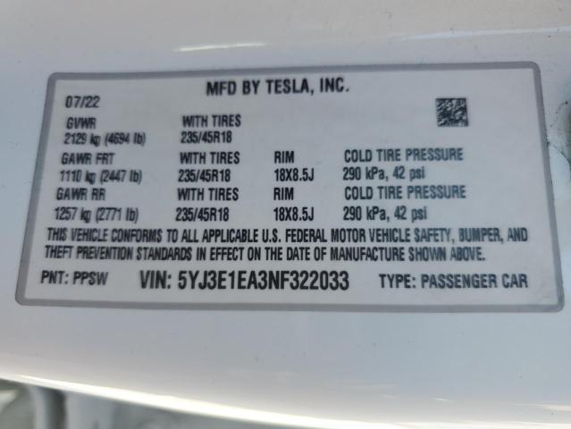 Photo 11 VIN: 5YJ3E1EA3NF322033 - TESLA MODEL 3 