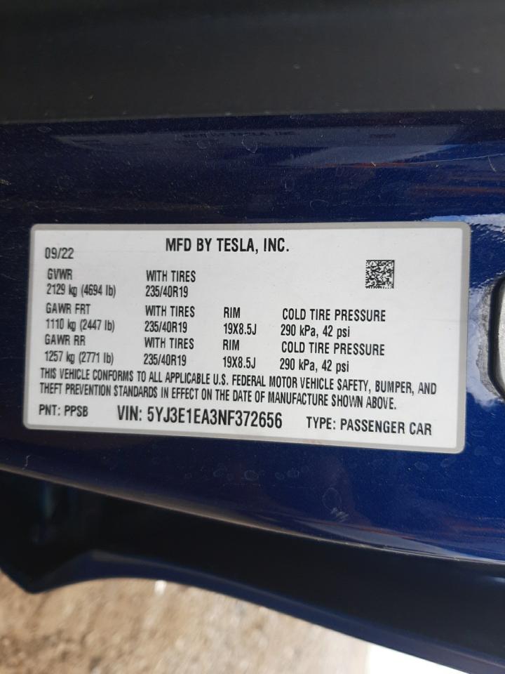 Photo 11 VIN: 5YJ3E1EA3NF372656 - TESLA MODEL 3 