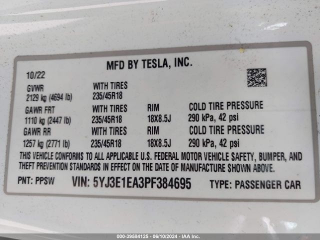 Photo 8 VIN: 5YJ3E1EA3PF384695 - TESLA MODEL 3 