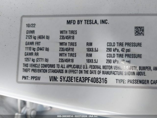 Photo 8 VIN: 5YJ3E1EA3PF408316 - TESLA MODEL 3 