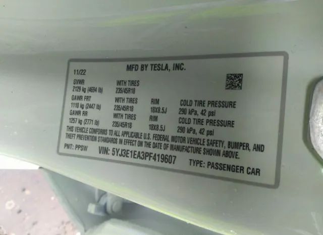 Photo 8 VIN: 5YJ3E1EA3PF419607 - TESLA MODEL 3 