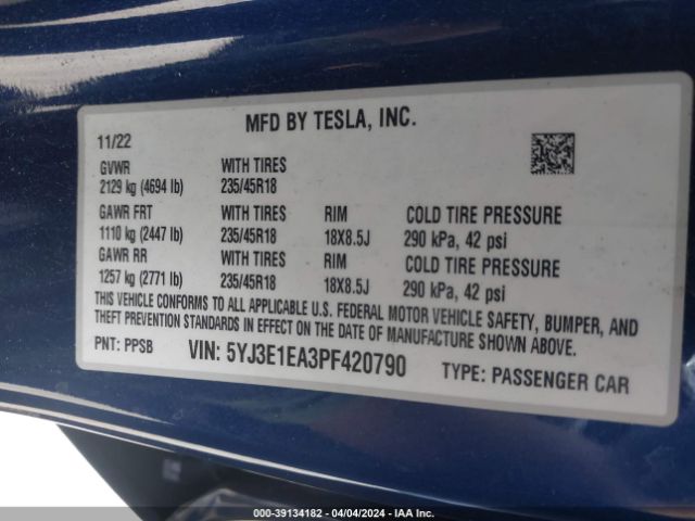 Photo 8 VIN: 5YJ3E1EA3PF420790 - TESLA MODEL 3 