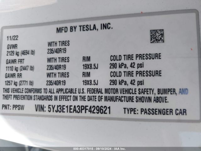 Photo 8 VIN: 5YJ3E1EA3PF429621 - TESLA MODEL 3 