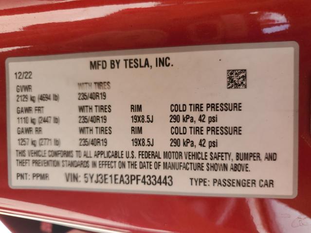 Photo 11 VIN: 5YJ3E1EA3PF433443 - TESLA MODEL 3 