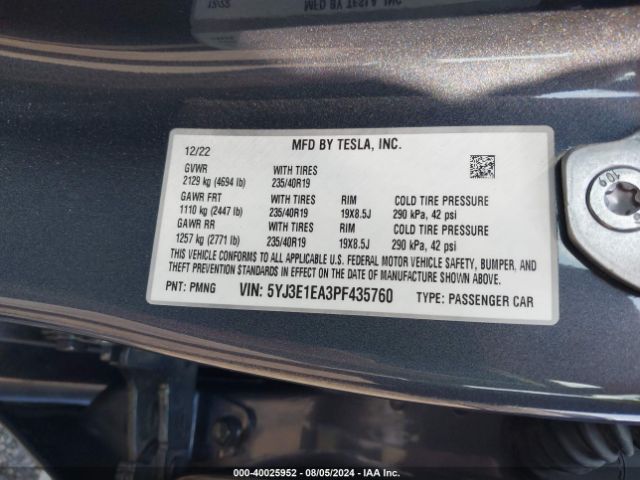 Photo 8 VIN: 5YJ3E1EA3PF435760 - TESLA MODEL 3 