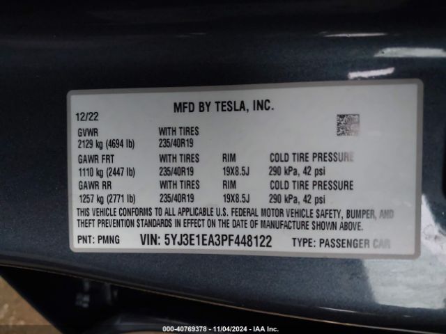 Photo 8 VIN: 5YJ3E1EA3PF448122 - TESLA MODEL 3 