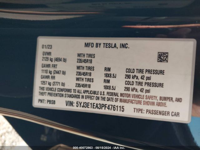 Photo 8 VIN: 5YJ3E1EA3PF476115 - TESLA MODEL 3 