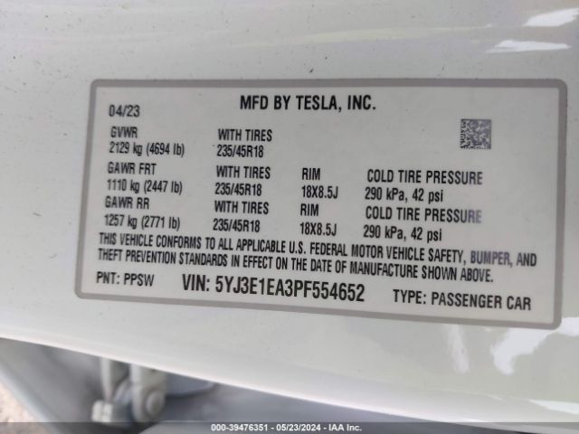 Photo 8 VIN: 5YJ3E1EA3PF554652 - TESLA MODEL 3 