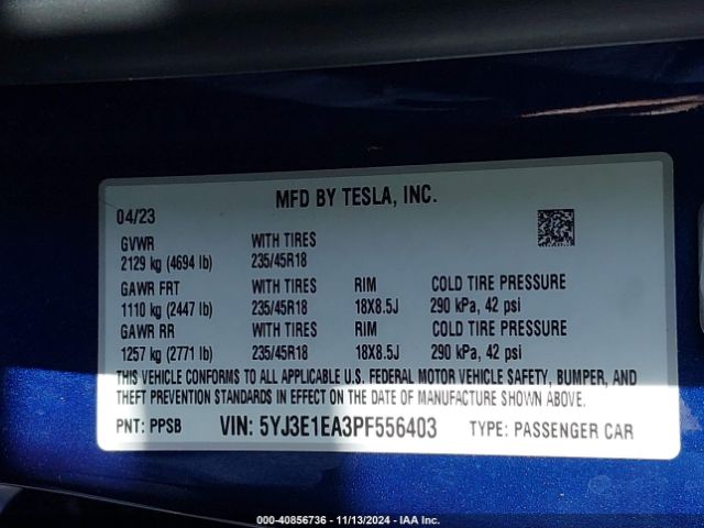 Photo 8 VIN: 5YJ3E1EA3PF556403 - TESLA MODEL 3 