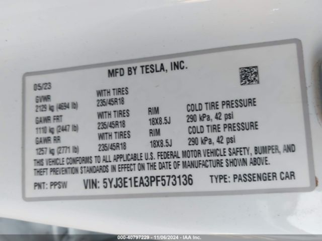 Photo 8 VIN: 5YJ3E1EA3PF573136 - TESLA MODEL 3 