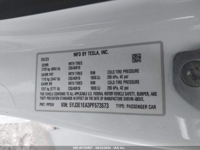 Photo 8 VIN: 5YJ3E1EA3PF573573 - TESLA MODEL 3 