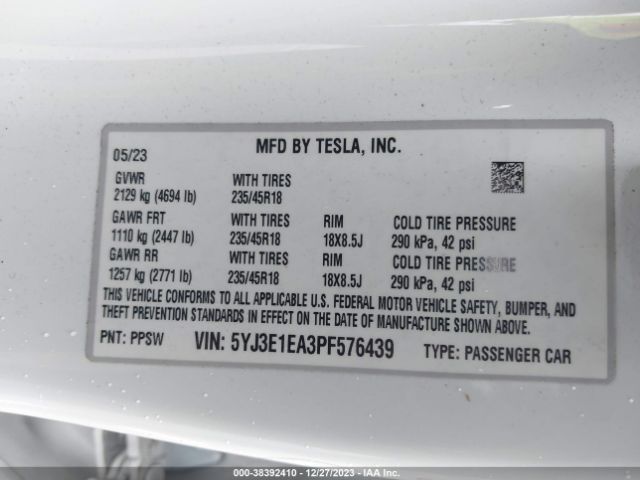 Photo 8 VIN: 5YJ3E1EA3PF576439 - TESLA MODEL 3 