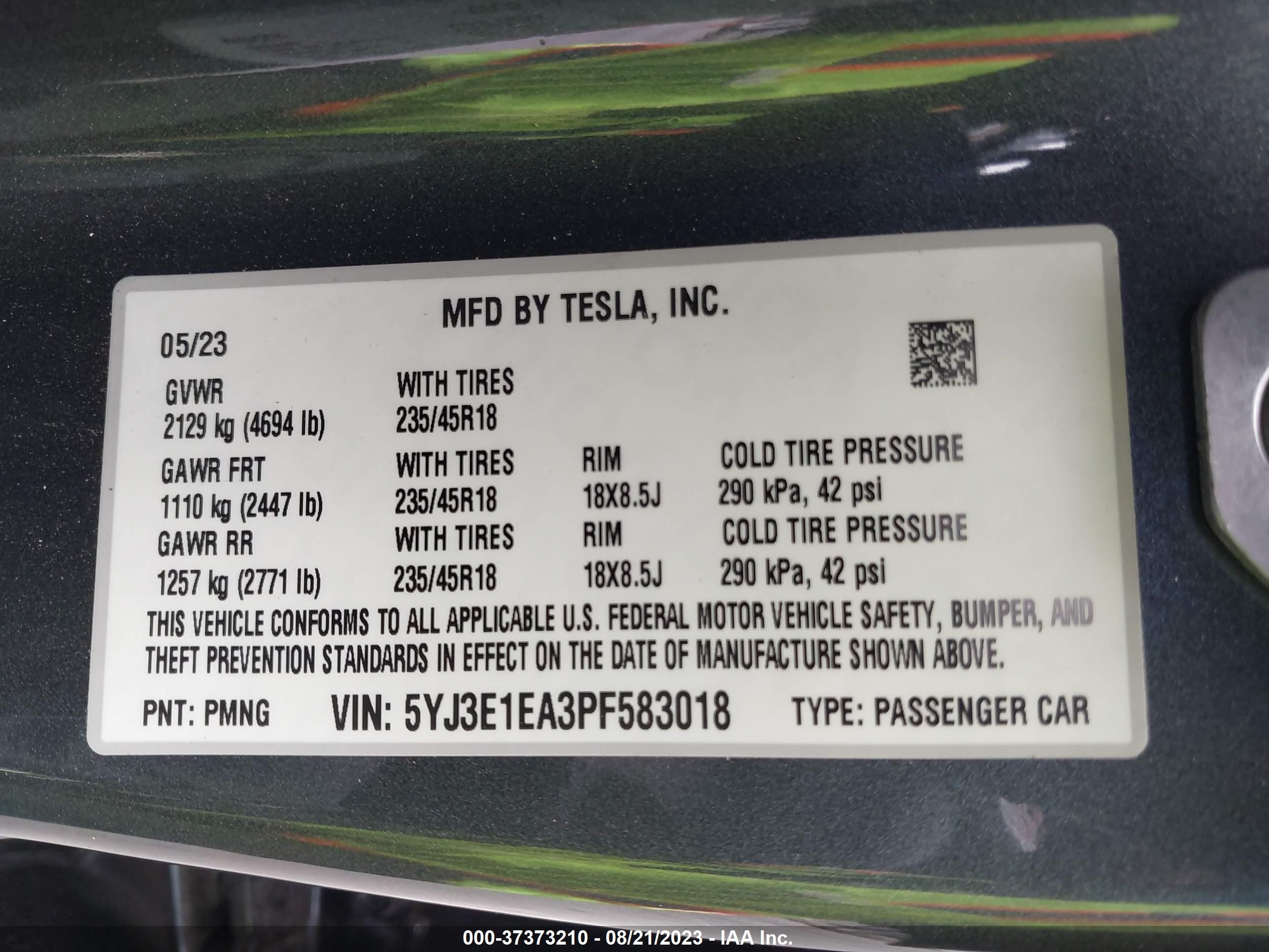 Photo 8 VIN: 5YJ3E1EA3PF583018 - TESLA MODEL 3 