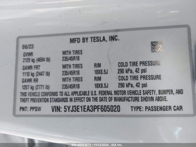 Photo 8 VIN: 5YJ3E1EA3PF605020 - TESLA MODEL 3 