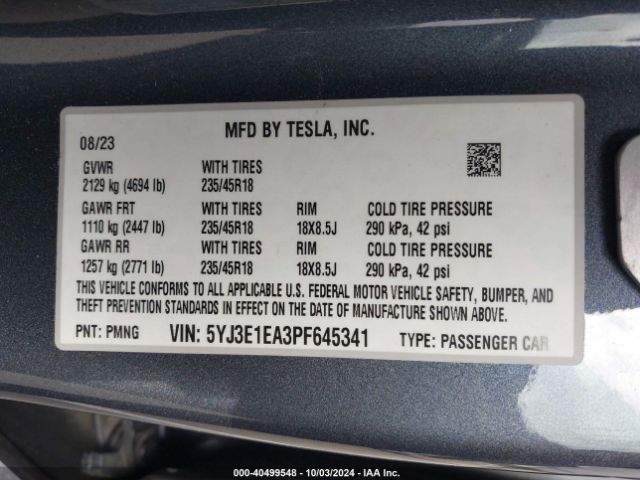 Photo 8 VIN: 5YJ3E1EA3PF645341 - TESLA MODEL 3 