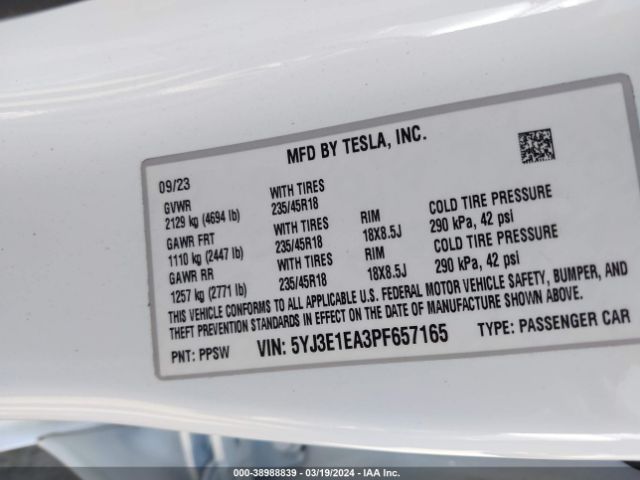 Photo 8 VIN: 5YJ3E1EA3PF657165 - TESLA MODEL 3 