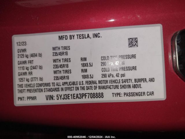 Photo 8 VIN: 5YJ3E1EA3PF708888 - TESLA MODEL 3 