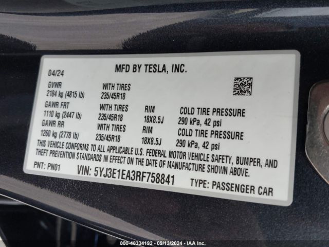 Photo 8 VIN: 5YJ3E1EA3RF758841 - TESLA MODEL 3 