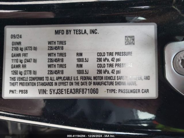 Photo 8 VIN: 5YJ3E1EA3RF871060 - TESLA MODEL 3 