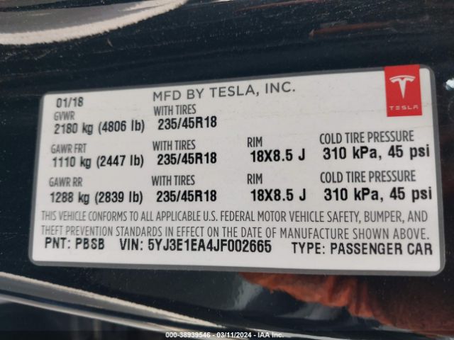 Photo 8 VIN: 5YJ3E1EA4JF002665 - TESLA MODEL 3 