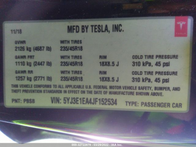 Photo 8 VIN: 5YJ3E1EA4JF152534 - TESLA MODEL 3 