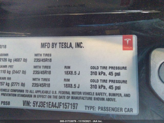 Photo 8 VIN: 5YJ3E1EA4JF157197 - TESLA MODEL 3 