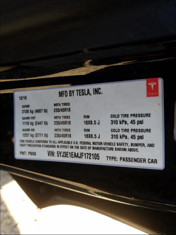 Photo 9 VIN: 5YJ3E1EA4JF172105 - TESLA MODEL 3 