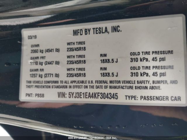 Photo 8 VIN: 5YJ3E1EA4KF304345 - TESLA MODEL 3 