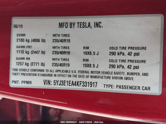 Photo 8 VIN: 5YJ3E1EA4KF331917 - TESLA MODEL 3 