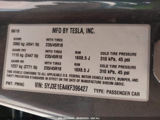 Photo 8 VIN: 5YJ3E1EA4KF396427 - TESLA MODEL 3 