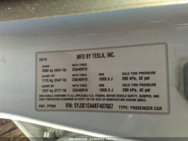 Photo 8 VIN: 5YJ3E1EA4KF407667 - TESLA MODEL 3 