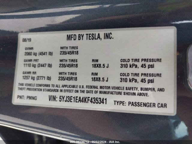 Photo 8 VIN: 5YJ3E1EA4KF435341 - TESLA MODEL 3 