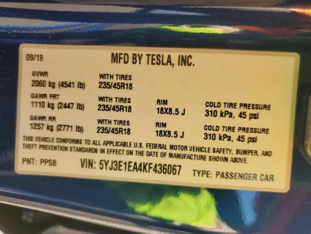 Photo 11 VIN: 5YJ3E1EA4KF436067 - TESLA MODEL 3 