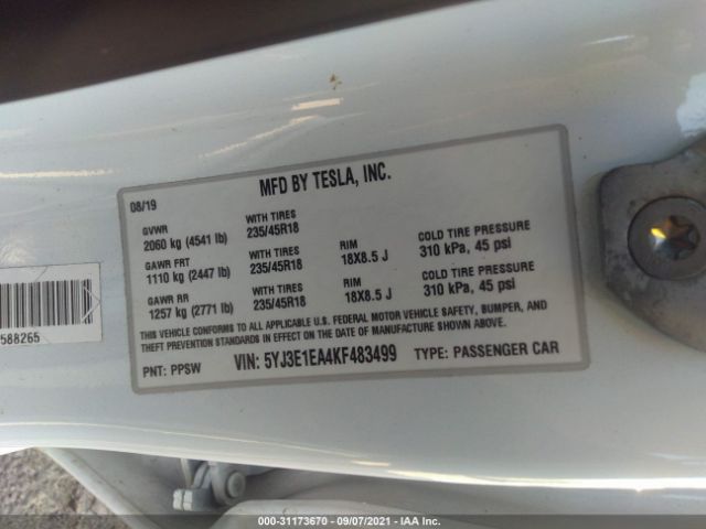 Photo 8 VIN: 5YJ3E1EA4KF483499 - TESLA MODEL 3 