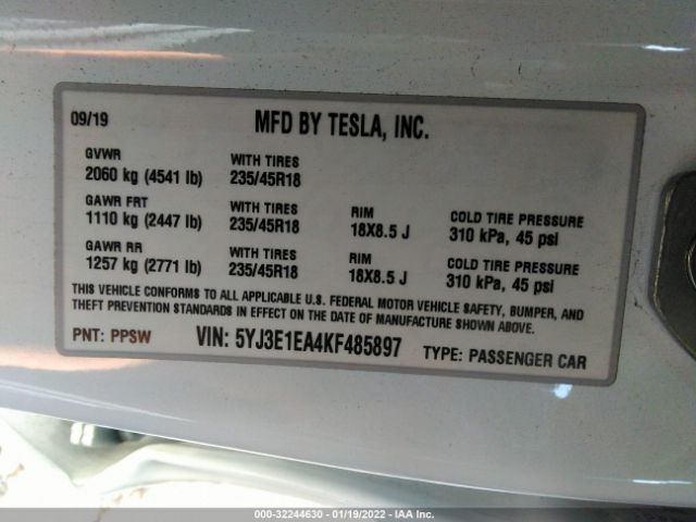 Photo 8 VIN: 5YJ3E1EA4KF485897 - TESLA MODEL 3 