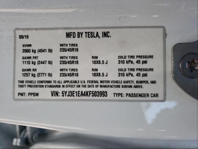 Photo 9 VIN: 5YJ3E1EA4KF503993 - TESLA MODEL 3 