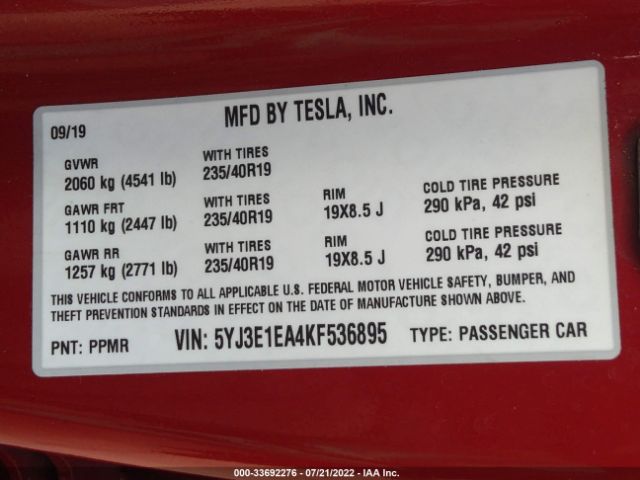 Photo 8 VIN: 5YJ3E1EA4KF536895 - TESLA MODEL 3 