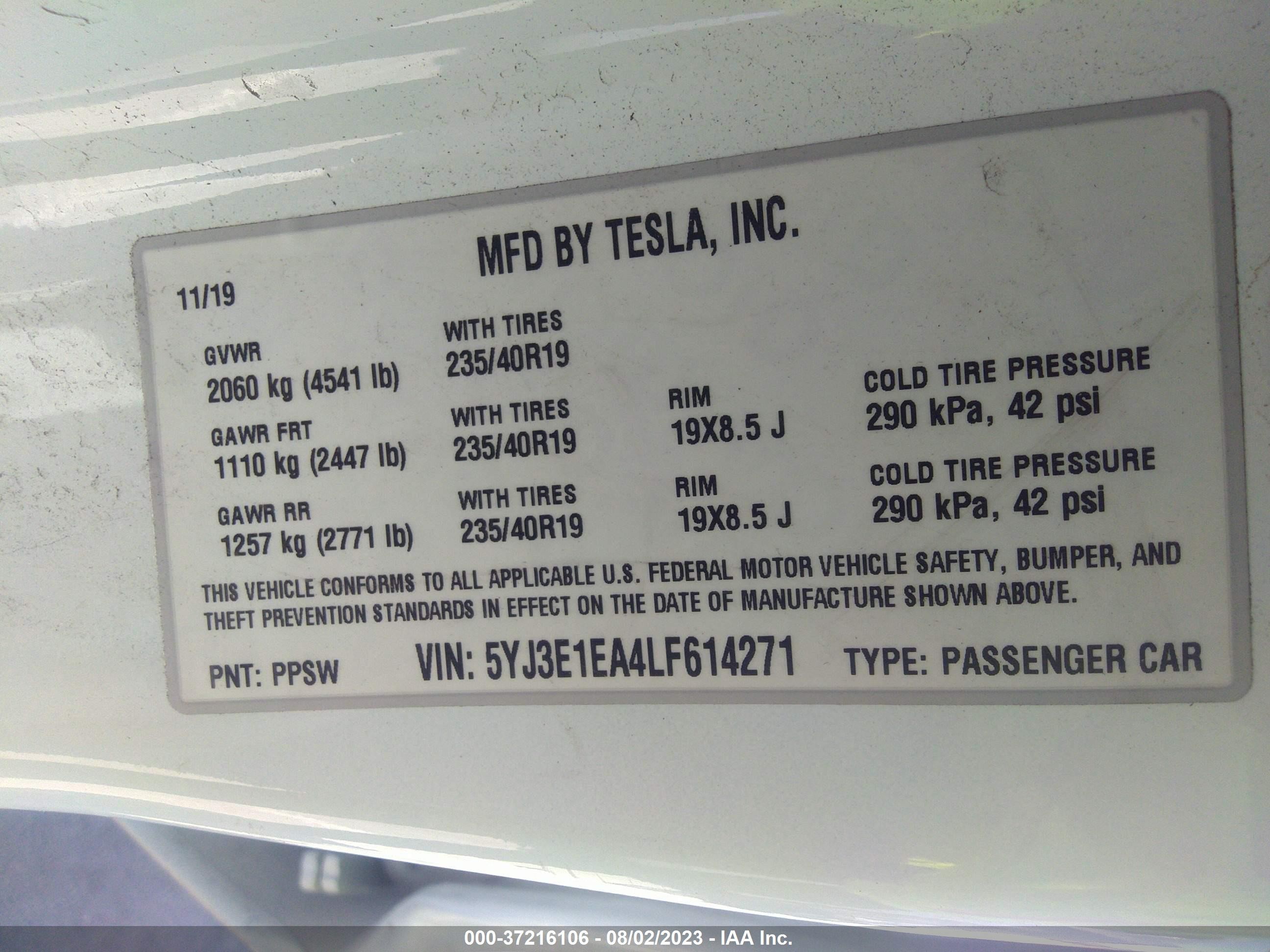 Photo 8 VIN: 5YJ3E1EA4LF614271 - TESLA MODEL 3 