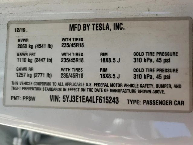 Photo 11 VIN: 5YJ3E1EA4LF615243 - TESLA MODEL 3 