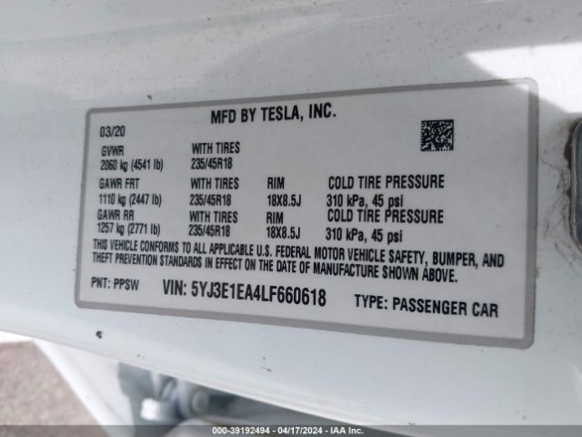 Photo 8 VIN: 5YJ3E1EA4LF660618 - TESLA MODEL 3 