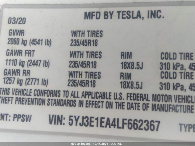 Photo 8 VIN: 5YJ3E1EA4LF662367 - TESLA MODEL 3 