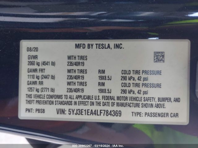 Photo 8 VIN: 5YJ3E1EA4LF784369 - TESLA MODEL 3 