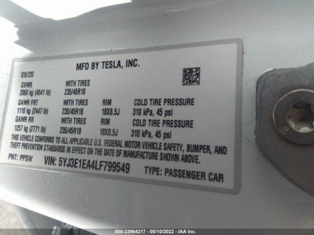 Photo 8 VIN: 5YJ3E1EA4LF799549 - TESLA MODEL 3 