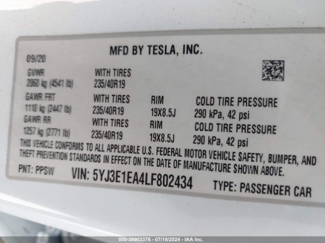 Photo 8 VIN: 5YJ3E1EA4LF802434 - TESLA MODEL 3 