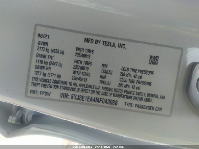 Photo 8 VIN: 5YJ3E1EA4MF043088 - TESLA MODEL 3 