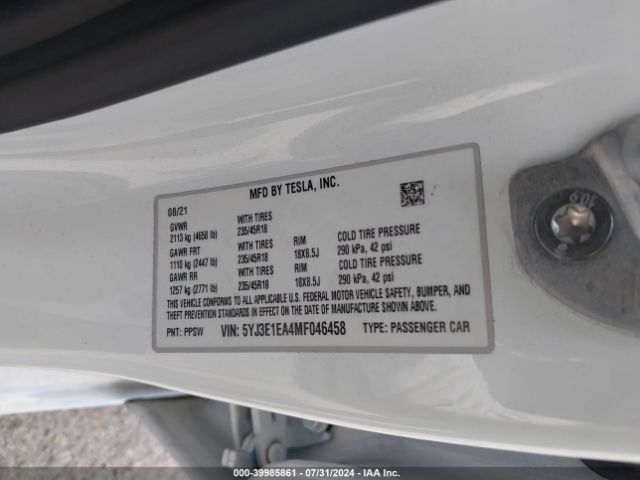 Photo 8 VIN: 5YJ3E1EA4MF046458 - TESLA MODEL 3 