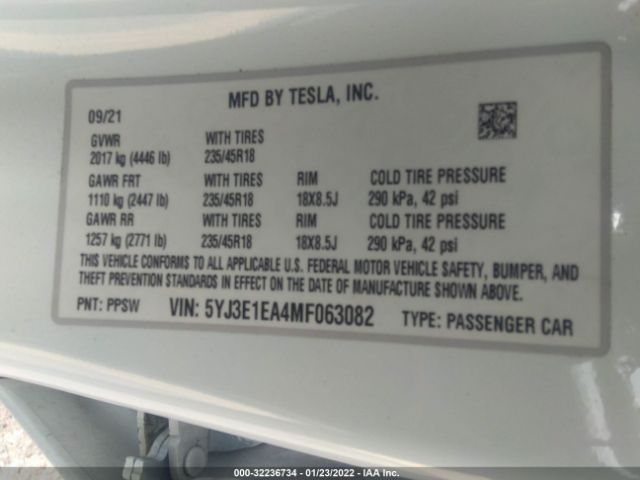 Photo 8 VIN: 5YJ3E1EA4MF063082 - TESLA MODEL 3 