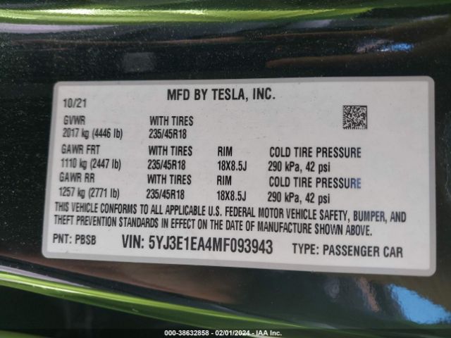 Photo 8 VIN: 5YJ3E1EA4MF093943 - TESLA MODEL 3 